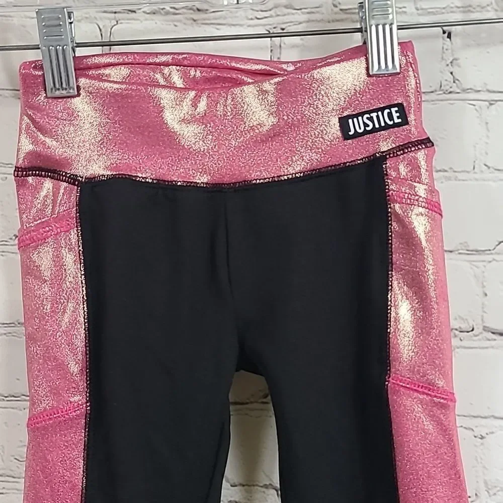 Justice Girls Leggings XS 5/6 Black Pink Shimmer Athletic Side Pocket Activewear